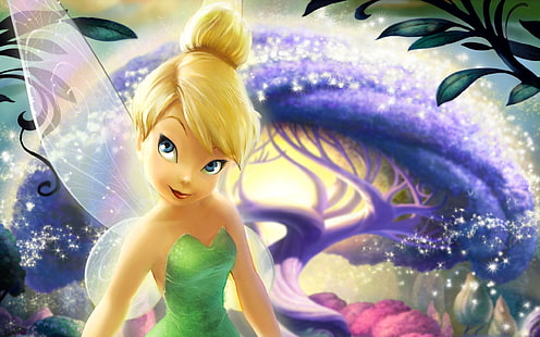 Disney Tinkerbell illustration, skog, träd, magi, tecknad film, vingar, stjärnor, Fairies, älva, gnistor, blond, film, Bell, Walt Disney, saga, Tinker bell, HD tapet HD wallpaper