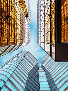 edificio, espejo, rascacielos, vista de gusano, Fondo de pantalla HD HD wallpaper