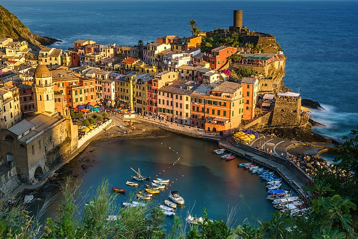 sea, coast, building, home, boats, Italy, The Ligurian sea, harbour, Vernazza, Cinque Terre, Liguria, Ligurian Sea, HD wallpaper