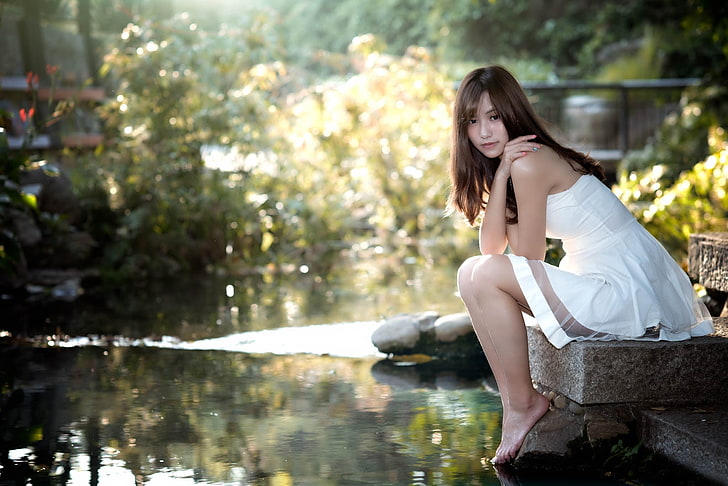 garden, barefoot, long hair, women outdoors, women, model, sitting, Asian, HD wallpaper