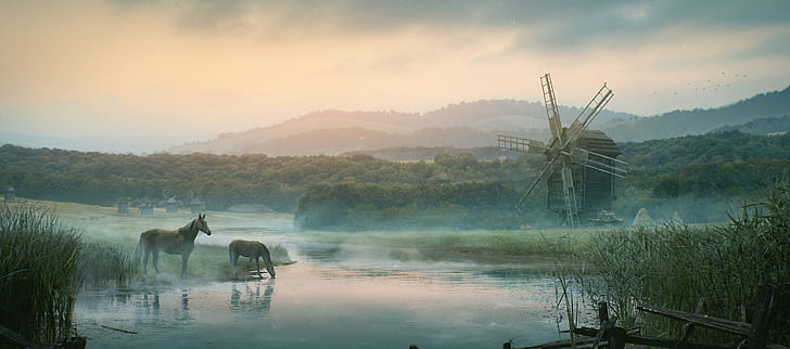 Malerei, Ukraine, Pferd, Windmühle, HD-Hintergrundbild
