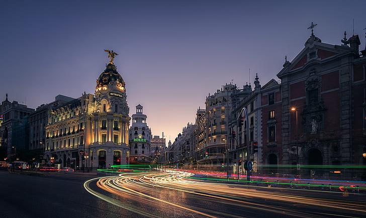 إسبانيا ، مدريد ، التعرض الطويل ، المدينة ، cityscape ، حركة المرور، خلفية HD