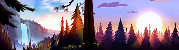 Grüner Baum, Kunstwerk, Wasserfall, Wald, Gravity Falls, Mehrfachanzeige, HD-Hintergrundbild
