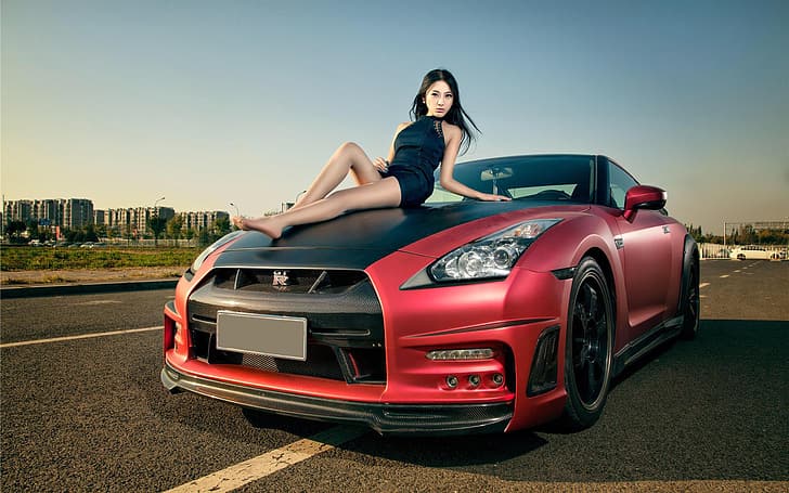 auto, look, Girls, Nissan, beautiful girl, posing on the hood of the car, HD wallpaper