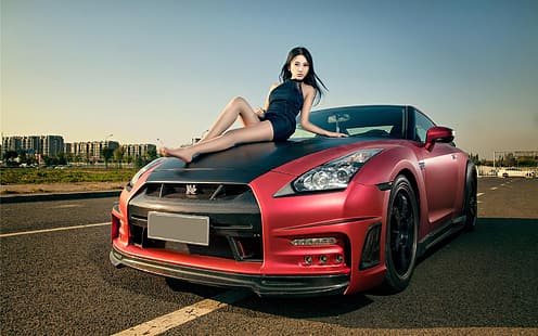 auto, titta, flickor, Nissan, vacker flicka, poserar på bilens huva, HD tapet HD wallpaper