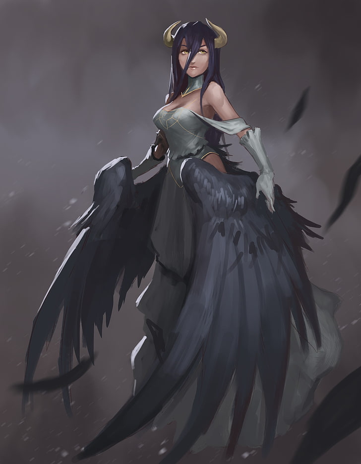 Frau mit schwarzen Flügeln Anime Charakter Grafik, Overlord (Anime), Anime Mädchen, Albedo (OverLord), HD-Hintergrundbild, Handy-Hintergrundbild