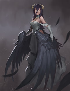 黒い翼を持つ女性キャラクターキャラクターグラフィック、Overlord（アニメ）、アニメの女の子、Albedo（OverLord）、 HDデスクトップの壁紙 HD wallpaper