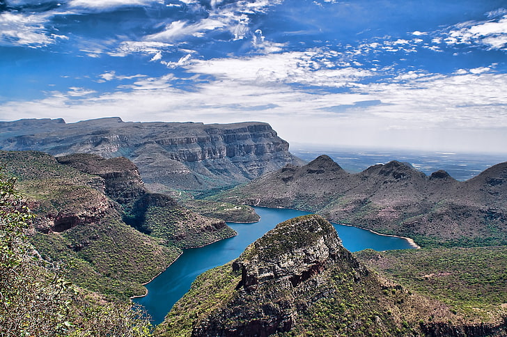 river, canyon, nature, landscape, mountains, clouds, cliff, South Africa, valley, erosion, shrubs, HD wallpaper
