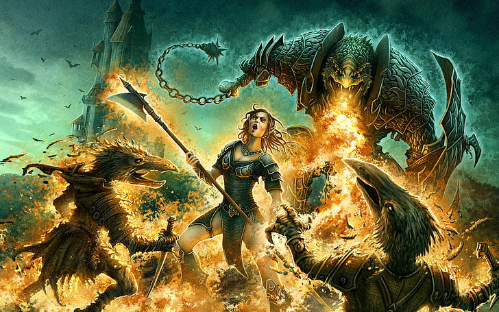 fantasy art, warrior, creature, artwork, women, fire, HD wallpaper