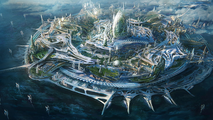 edifícios da cidade, arte digital, ficção científica, ilha, cidade futurista, HD papel de parede