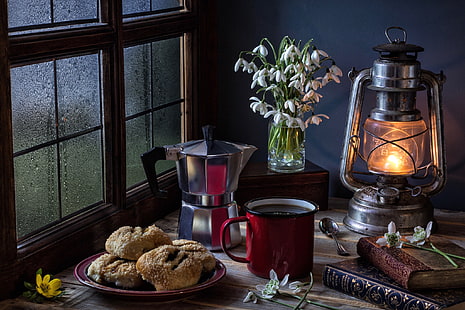 libri, lampada, caffè, biscotti, finestra, bucaneve, boccale, natura morta, Sfondo HD HD wallpaper