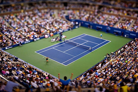 stadio di tennis blu e verde, persone che guardano il tennis, tilt shift, Flushing Meadows, New York City, USA, Maria Sharapova, campi da tennis, Sfondo HD HD wallpaper