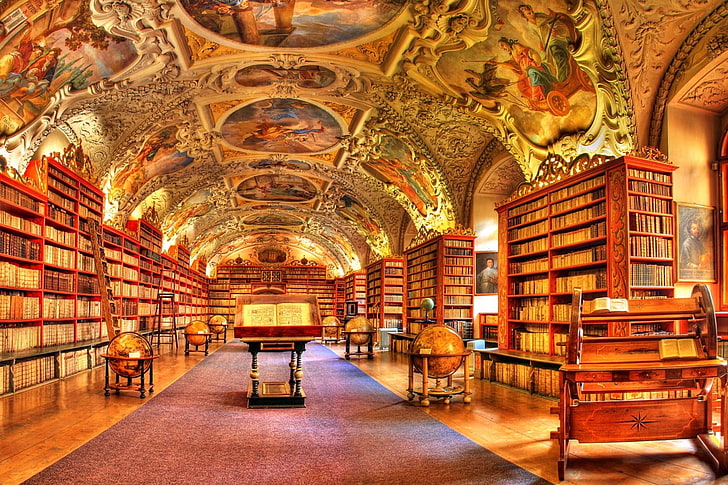wnętrze biblioteki, biblioteka, książki, wnętrze, klasztor, Praga, freski, Tapety HD