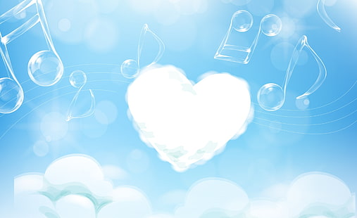 O amor está no céu, nuvens brancas de coração e ilustração de notas musicais, feriados, dia dos namorados, amor, amor está no ar, feliz dia dos namorados, amor está no céu, notas musicais, HD papel de parede HD wallpaper