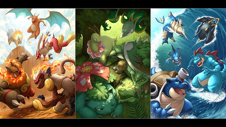 three Pokemon characters collage, Pokémon, Charizard, blaziken, Typhlosion, Infernape, Emboar, Serperior, Sceptile, Meganium, Torterra, Venusaur, Blastoise, Feraligatr, Swampert, Empoleon, Samurott, HD wallpaper