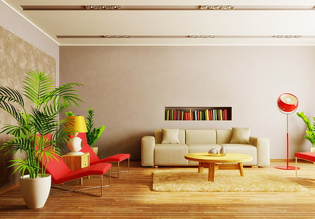 бежевый замшевый 3-местный диван и журнальный столик, дизайн, стиль, стол, фон, комната, диван, широкоформатные, обои, книги, лампа, интерьер, растения, стул, полка, квартира, полноэкранные, HD обои, яркие обои, полноэкранные, HD обои HD wallpaper