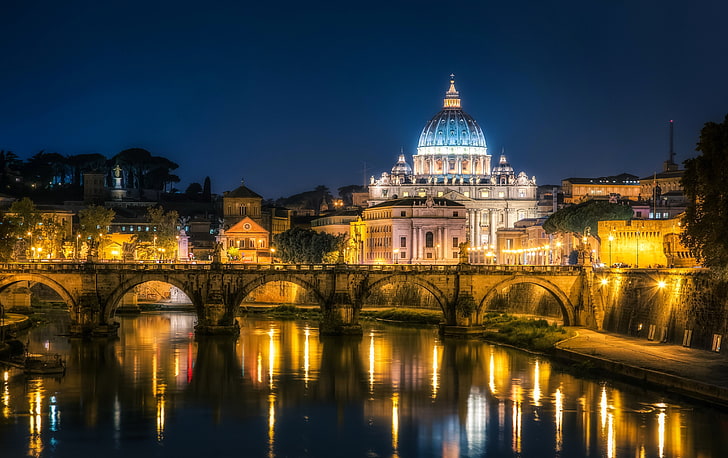 brown bridge, cityscape, night, lights, architecture, old building, sky, water, reflection, long exposure, Rome, Vatican City, bridge, trees, Italy, cathedral, HD wallpaper