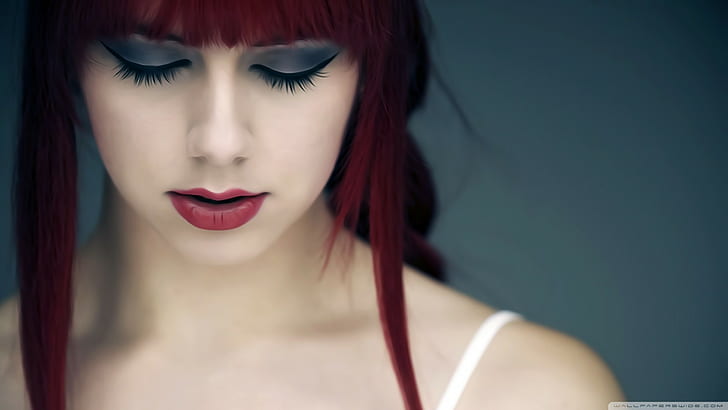 closed eyes, makeup, redhead, Blackfantastix, women, model, red lipstick, HD wallpaper
