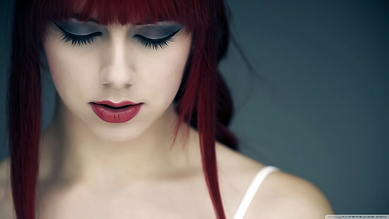 닫힌 눈, 메이크업, 빨간 머리, Blackfantastix, 여자, 모델, 빨간 립스틱, HD 배경 화면 HD wallpaper