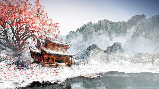 Asian Tree Drawing Snow Landscape HD, ilustrasi pagoda kayu coklat, digital / karya seni, landscape, menggambar, salju, pohon, asian, Wallpaper HD HD wallpaper