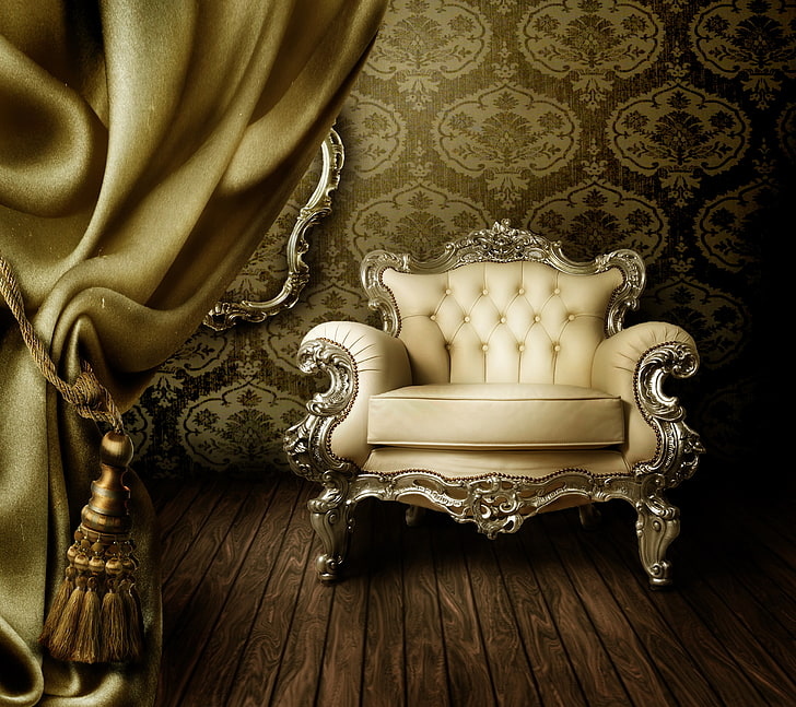 тафтинговый белый тканевый диван, кресло, обои, кресло, шторы, винтаж, интерьер, роскошь, штора, HD обои