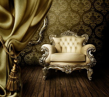 tufted white fabric sofa chair, Wallpaper, chair, curtains, vintage, interior, luxury, curtain, HD wallpaper HD wallpaper