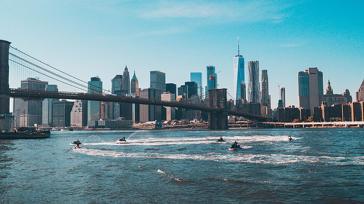 جسر البوابة الذهبية ، مدينة نيويورك ، المياه ، مناظر المدينة ، جسر بروكلين ، ناطحات السحاب ، الزلاجات المائية، خلفية HD