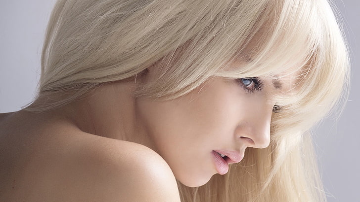 blonde, blue eyes, women, bare shoulders, face, model, profile, HD wallpaper