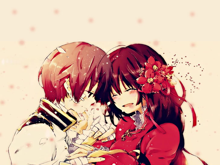 rotes und schwarzes Blumentextil, Rothaarige, Liebe, warme Farben, originelle Charaktere, HD-Hintergrundbild
