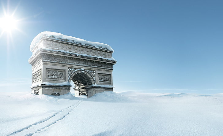 Триумфална арка, зима, Триумфална арка, сезони, зима, сняг, зимно слънце, триумфална арка, HD тапет