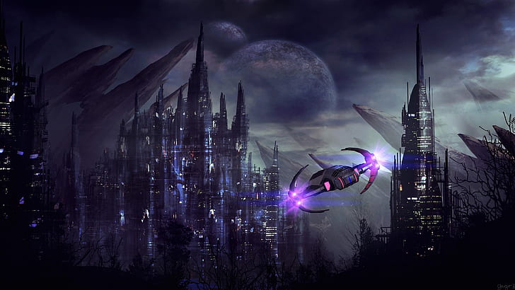 City, ship, planet, lights, future metropolis, black and purple space ship near the castle, City, Ship, Planet, Lights, Future, Metropolis, HD wallpaper