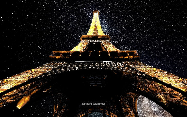 black and brown wooden table, worm's eye view, stars, Eiffel Tower, Paris, France, lights, night, architecture, sky, HD wallpaper