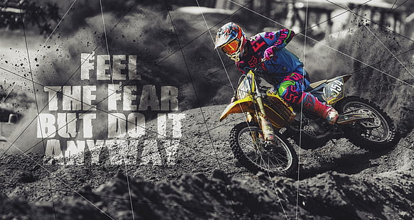 yellow dirt bike with text overlay, feelings, quote, black, white, colorful, dirt bikes, race motorclyes, mud, dirty, digital art, motivational, typography, selective coloring, HD wallpaper HD wallpaper