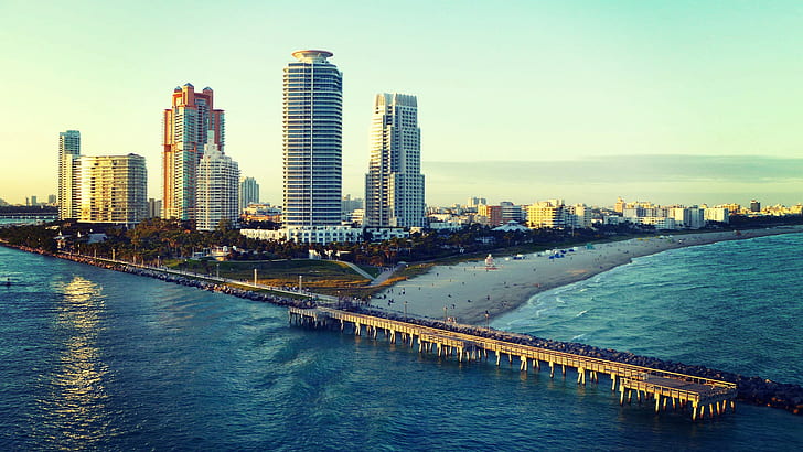 Miami Beach, Florida, horizonte de la ciudad cerca de la playa, Miami, Florida, Miami Beach, Océano, playa, Fondo de pantalla HD