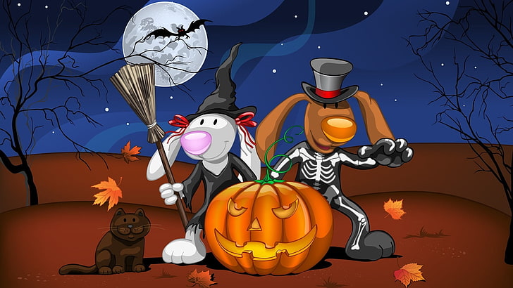 two brown and white rabbits wallpaper, cat, leaves, night, animals, tree, the moon, art, skeleton, Halloween, pumpkin, bat, witch, costumes, HD wallpaper