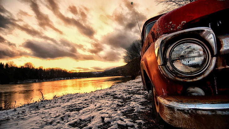 vintage, car, sunset, clouds, water, HD wallpaper