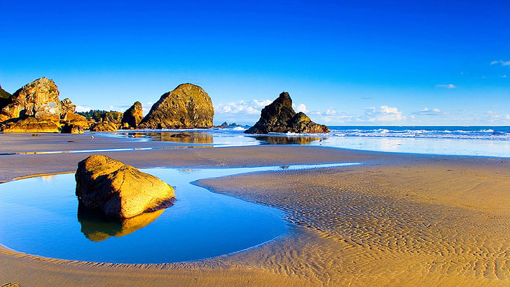 Lanskap Sandy Beach Rocks Laut Gelombang Musim Panas Wallpaper Hd 3840 × 2160, Wallpaper HD