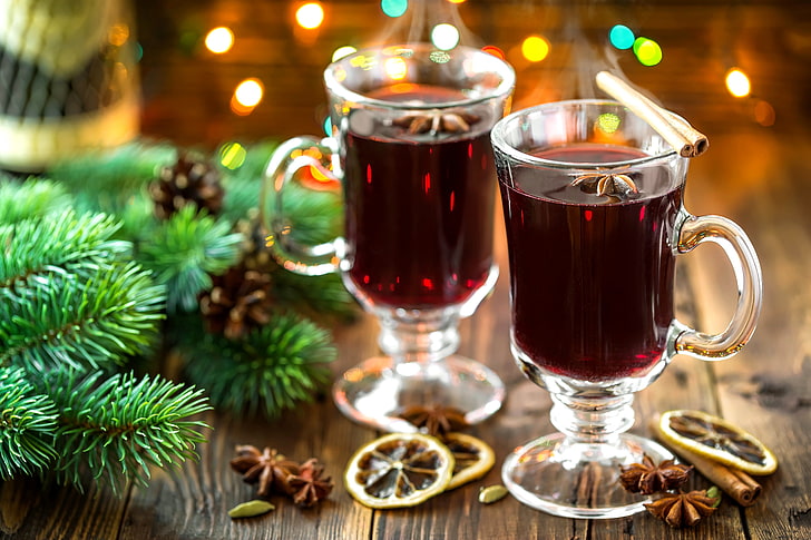 two clear glass footed mugs, winter, branches, lights, wine, lemon, spruce, sticks, New Year, Christmas, drink, cinnamon, bumps, holidays, bokeh, spices, star anise, Anis, mulled wine, HD wallpaper