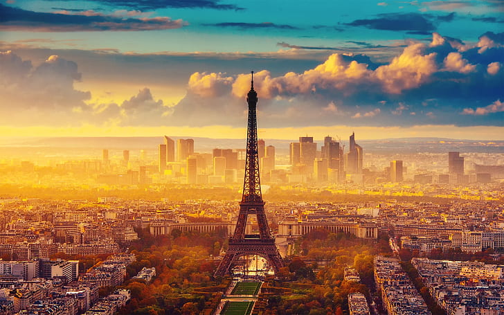 Франция, Париж, Айфеловата кула, есен, небе, облаци, сутрин, Франция, Париж, Айфелова кула, есен, небе, облаци, сутрин, HD тапет