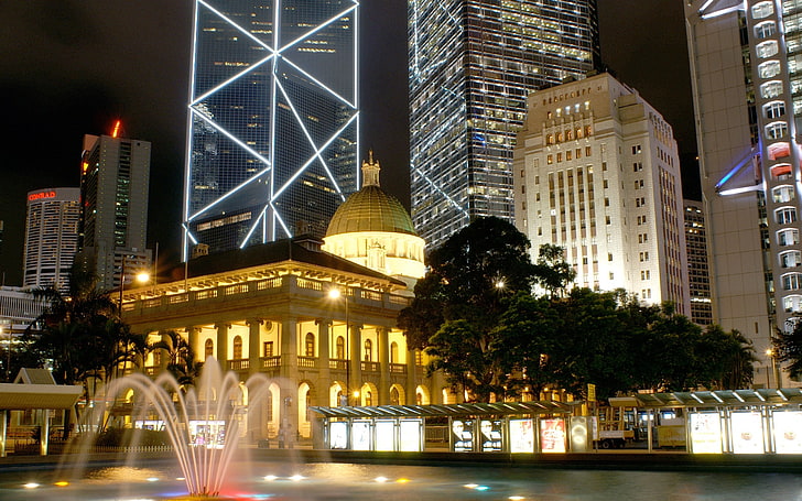 kota, lanskap kota, Hong Kong, Cina, malam, Wallpaper HD