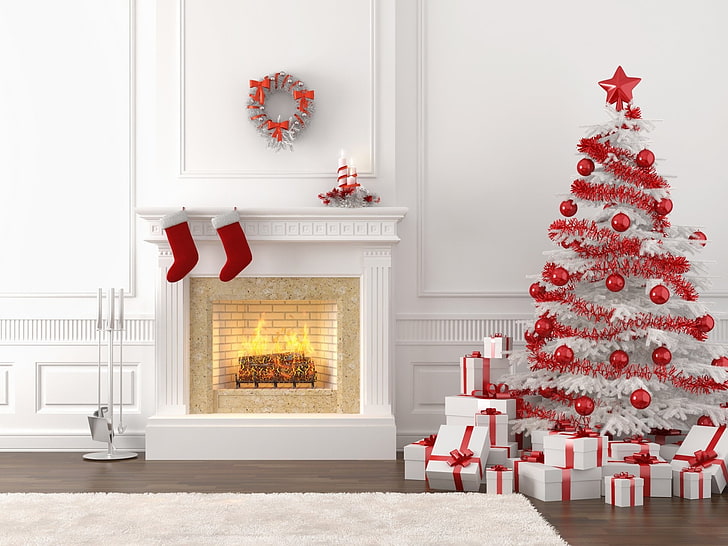 Празник, Коледа, коледни орнаменти, коледно дърво, камина, подарък, HD тапет
