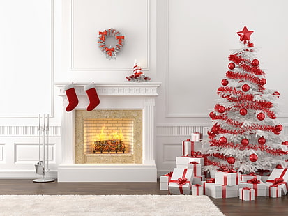 休日、クリスマス、クリスマスの飾り、クリスマスツリー、暖炉、ギフト、 HDデスクトップの壁紙 HD wallpaper