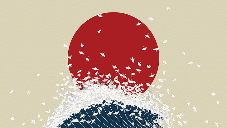 Nippon, water, birds, Sun, minimalism, waves, digital art, Nihon, simple, Japan, origami, HD wallpaper