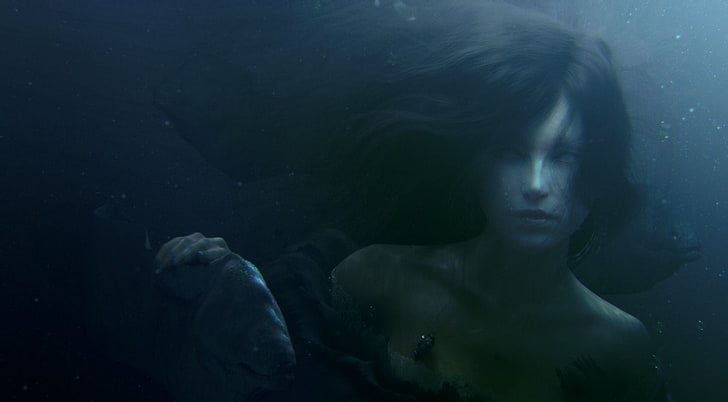 schwarze Haare der Frauen, Fantasiekunst, Grafik, Unterwasser, dunkel, Meerjungfrauen, HD-Hintergrundbild