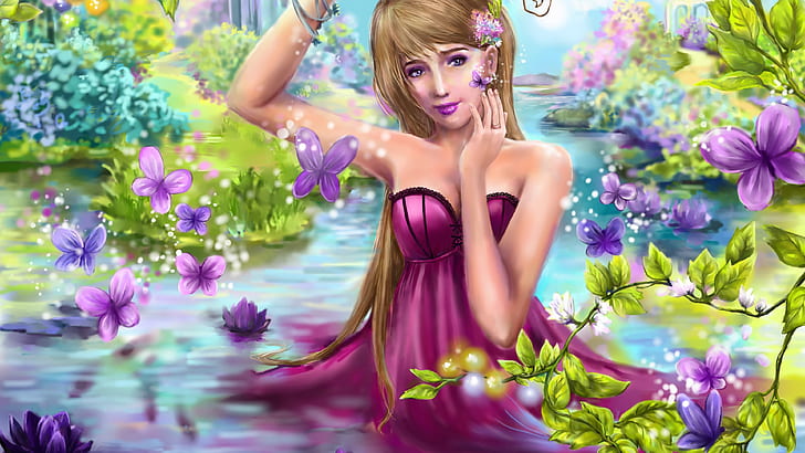 Belle robe violette fantaisie fille dans l'eau, papillon, fleurs, belle, pourpre, robe, fantaisie, fille, eau, papillon, fleurs, Fond d'écran HD