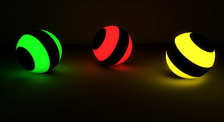 Glowing Marbles, three yellow, red, and green LED light ball toys, Aero, Colorful, HD wallpaper