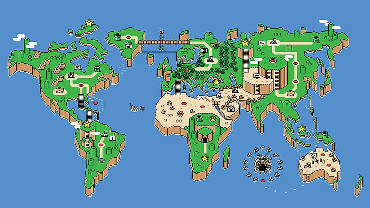 Super Mario World Map digital tapet, karta, Super Mario, SNES, retrospel, pixlar, pixelkonst, Nintendo, videospel, kartografi, HD tapet