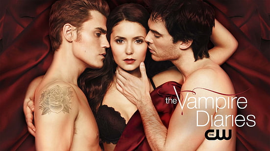 The Vampire Diaries screenshot da série, vermelho, plano de fundo, a série, Nina Dobrev, Ian Somerhalder, Paul Wesley, diários do vampiro, HD papel de parede HD wallpaper