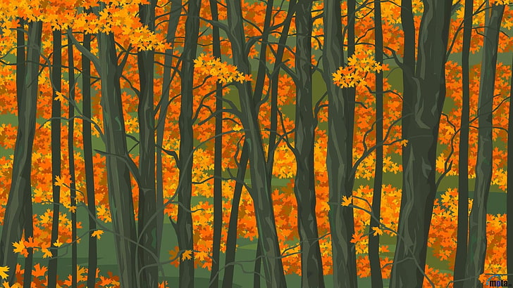 коричневая и оранжевая роспись деревьев, деревья, лес, зелень, стекло, листья, джунгли, HD обои