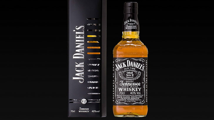 Бутилка за алкохол Jack Daniels с кутия, Jack Daniel's, напитка, алкохол, уиски, бутилки, HD тапет